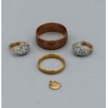 A selection of gold items comprising a 9ct gold rose gold band, approximately 5.3gm, a 0.3gm