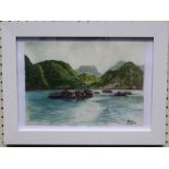 Timothy Onishi (20th English School) Floating village, Ha Long Bay, pastel, signed and dated 27/12/