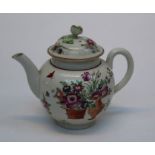 A late 18th century Worcester porcelain teapot and cover with bud finial, polychrome decorated