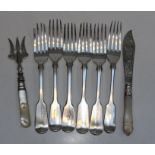 Six fiddle pattern forks, approximate weight 289gm plus a set of mother of pearl handled fish