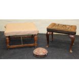 An Edwardian elm framed footstool with cup and cover and block supports, a George II style pad
