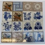 A collection of thirty five 19th century tiles, including a pair of Copeland figural tiles, Minton