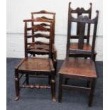 A pair of early 19th century beech and elm ladderback dining chairs, each with solid seat on