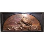 A John Pearson style embossed copper panel of near lunette shape depicting a large sailing ship at