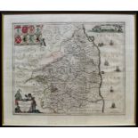 Joannes Jansson, an engraved map of Northumberland, contemporary hand colouring, 1646. 40.5 x 49.