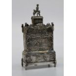 A late 19th century Dutch silver tea caddy and cover, fashioned as an 18th century chest on stand