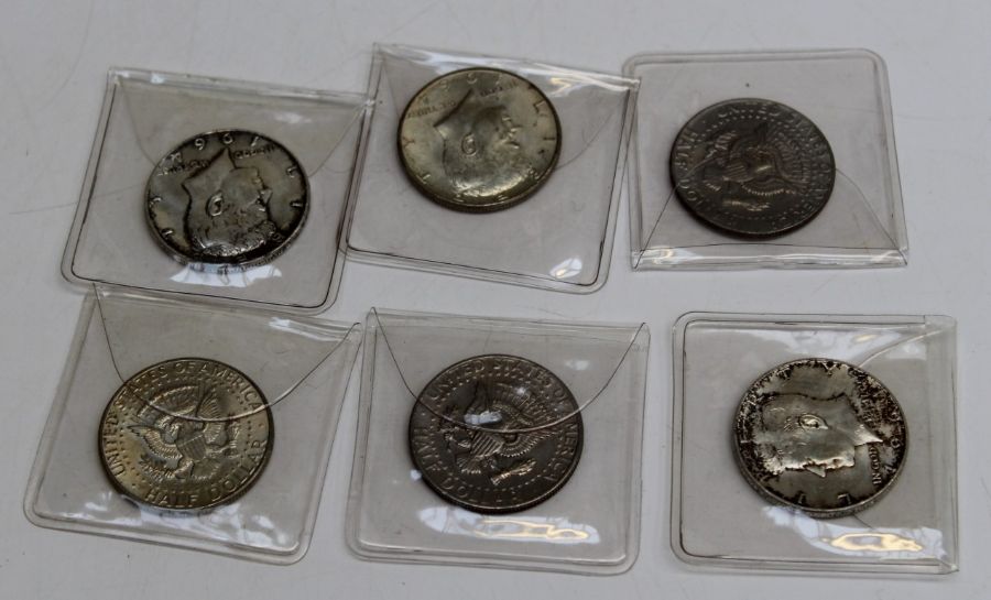 USA six Kennedy Half Dollars 1964, 1973-1984 Silver coinage 1964 73/84 silver clad