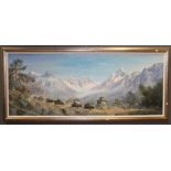 20th century Napalese School, Himalayan landscape with laden yak and drover, oil on board,
