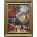 W Kirby (20th century) A Parisian street in autumn with figures and pavement café. Oil on canvas,