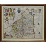 Joannes Blaeu, an engraved map of Northumberland, 1662. Contemporary hand colouring, double sided.