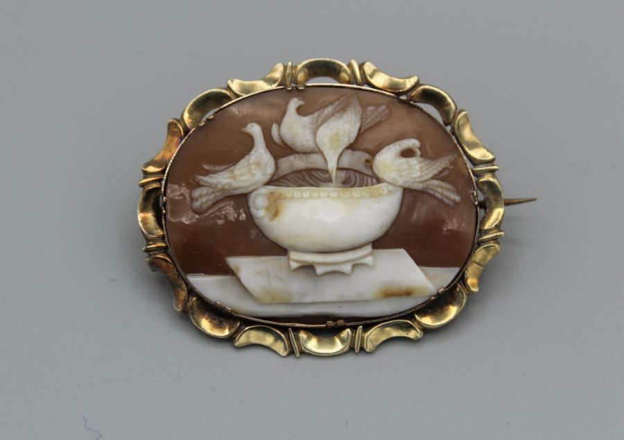 A shell cameo brooch, featuring doves in a bird bath, in unmarked yellow metal. Cameo measures