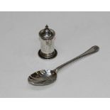 A sterling silver pepper pot and a silver fruit spoon, gross weight approximately 92gm
