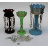 An Edwardian ruby glass table lustre with icicle pendant drops, 33cm together with a turquoise glass