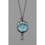 An Edwardian bright aquamarine colour champleve enamel Arts and Crafts style pendant, in sterling