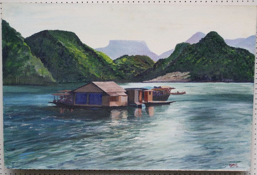 Timothy Onishi (20th English School) Floating Village, Ha Long Bay, acrylic on board, signed and