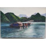 Timothy Onishi (20th English School) Floating Village, Ha Long Bay, acrylic on board, signed and