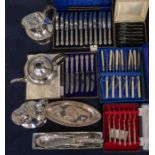 A collection of Silver and Silver plated items to include: A cased set of 12 steel bladed knives