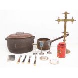 A collection of plated wares, brass wares, brass crucifix, tins and compacts