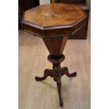 A walnut and mahogany Victorian sewing table on splayed tripod legs, octagonal top