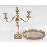 Silver plated two branch candelabra, along with plate raised table stand