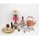 Collection of metal wares, including ceiling light bracket, copper kettle and other metal wares