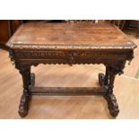 Victorian solid oak Writing Desk with a front single drawer, heavily carved with lion's head and