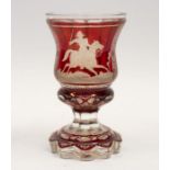 A Bohemian ruby flash glass vase, decorated with Wellington upon a horse, 7.5" high approx  in