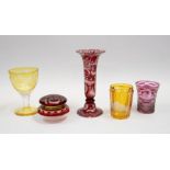 A ruby flash Bohemian glass lidded dish, together with four other items of Bohemian glass (5)