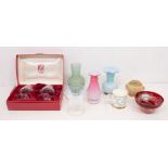 A collection of glass wares including cut glass, coloured glass, bowls, vases, dessert dishes etc