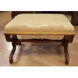 Reproduction French style X stool on scrolled feet in mahogany with beige upholstery, 70 x 55 x