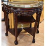 A reproduction Chinoiserie demi-lune hall table with mother of pearl inlaid detail, central shelf