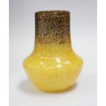 A Monart Glass vase mottled yellow body with mottled brown neck with gold flecks. Height approx