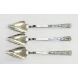 A small collection of two prong Sporks with serrated edges and embossed decoration to stem depicting