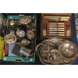 Large collection of silver plated tea sets, chargers, trays, flat wares, some silver teaspoons,