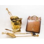 Brass fire items - a fender; five piece companion set; coal scuttle and scoop (8)