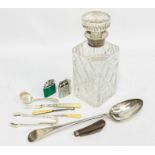 Mid 20th Century cut glass decanter with silver neck; collection of silver plate flat wares; 19th