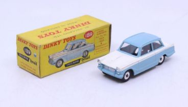Dinky: A boxed Dinky Toys, Triumph Herald, Reference No. 189, two-tone blue and white body, silver
