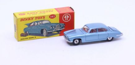 Dinky: A boxed Dinky Toys, Jaguar Mark X, Reference No. 142, steel blue body with red interior.