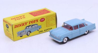 Dinky: A boxed Dinky Toys, Opel Kapitan, Reference No. 177, light blue body with red interior, and
