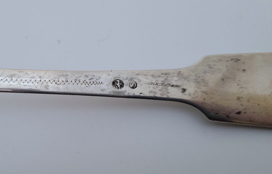 A large 19th century German silver fiddle pattern ladle, length 38cm. (211.4g) - Image 3 of 3