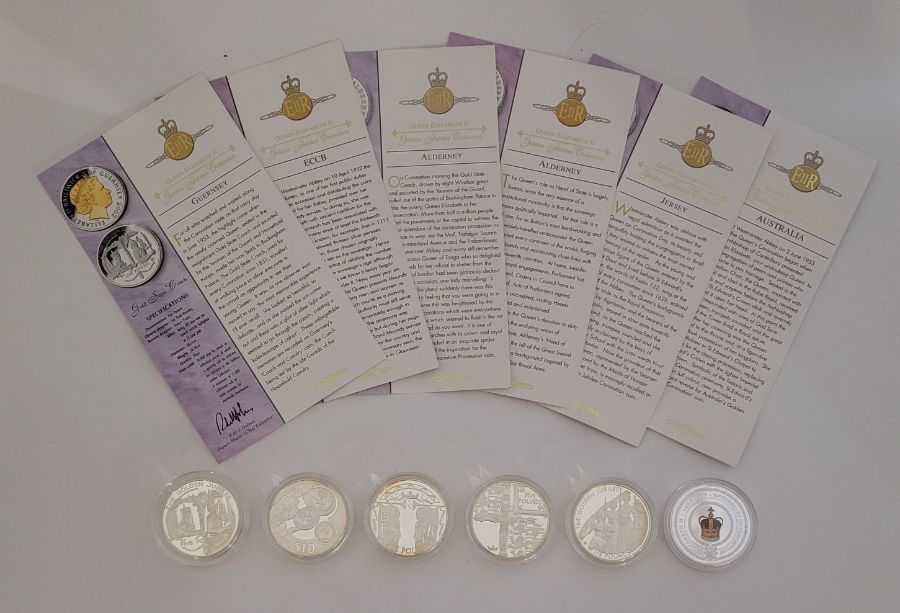 Six Elizabeth II "Golden Jubilee Collection" silver proof commemorative coins, with the Queens