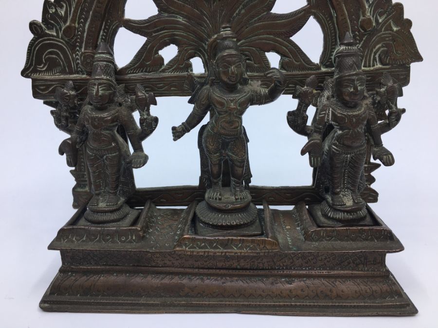 A 19th century Indian bronze group of three deities, to associated base, height 17cm. - Image 3 of 8