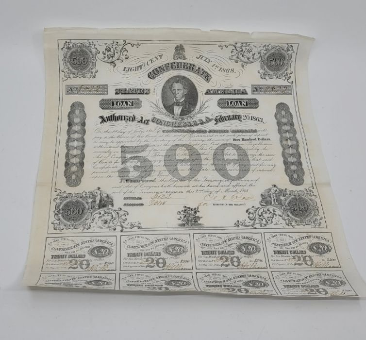 Three Confederate States of American bonds, to include: two one thousand dollar bonds bearing six - Image 5 of 5