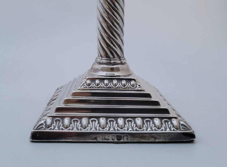 A pair of Victorian silver candlesticks, by Jane Brownett, London 1886,  having egg and dart type - Image 2 of 3