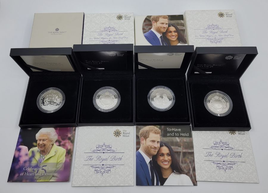 Four Elizabeth II UK five pounds crown size silver proof commemorative coins: 1 x 2021 "The 95th