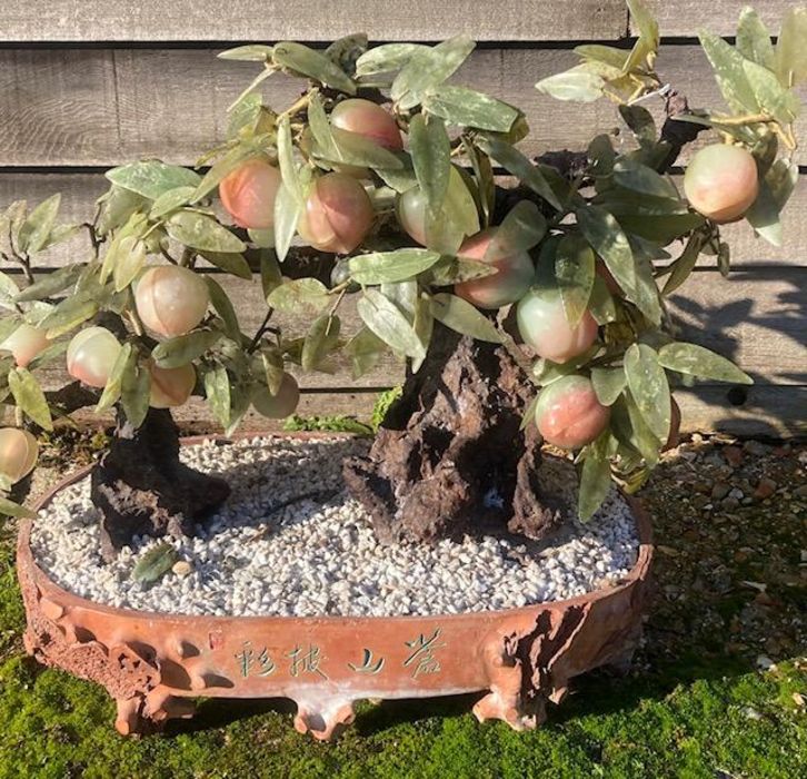 A late 20th century Chinese hardstone large model of Bonsai fruiting apple tree.