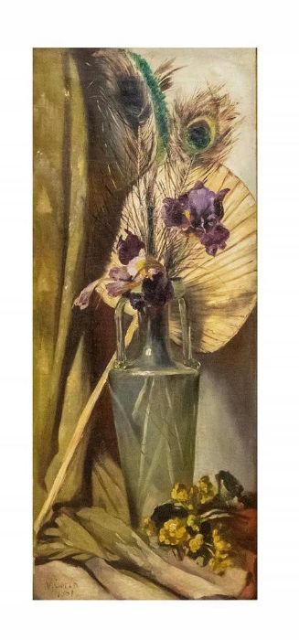 A Queen Victoria oil still life on canvas depicting Flag Iris 80 x 33cm original ebonised frame