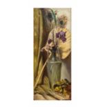 A Queen Victoria oil still life on canvas depicting Flag Iris 80 x 33cm original ebonised frame