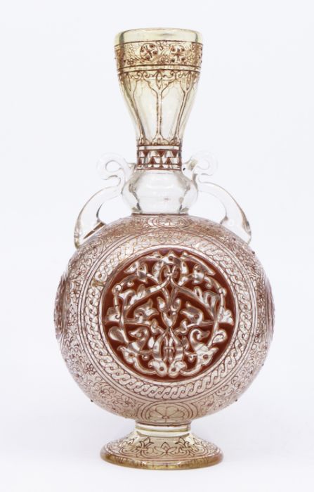 A Philippe Brocard red enamelled pilgrim flask, French, 19th century, of typical form with flat