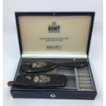 A Kent silver inlaid ebony hair and clothes brush set with comb in Kent case.